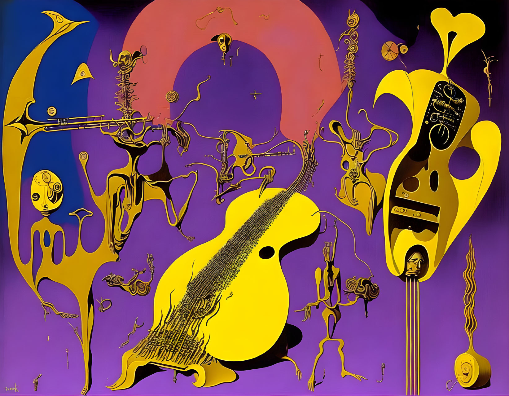 Vibrant Purple and Yellow Abstract Artwork with Guitar-like Figure