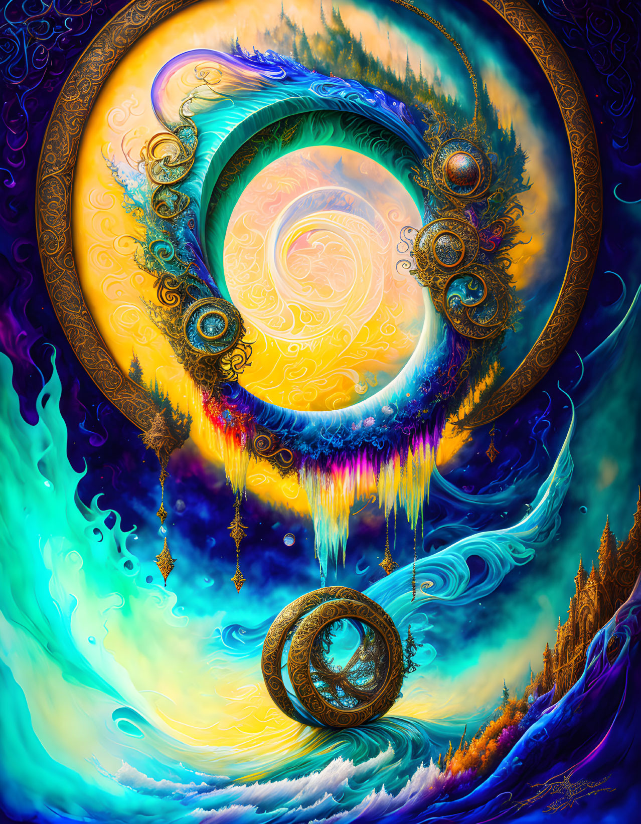 Colorful psychedelic art: swirling patterns, celestial bodies, mystical ring, forest landscape, flames, and