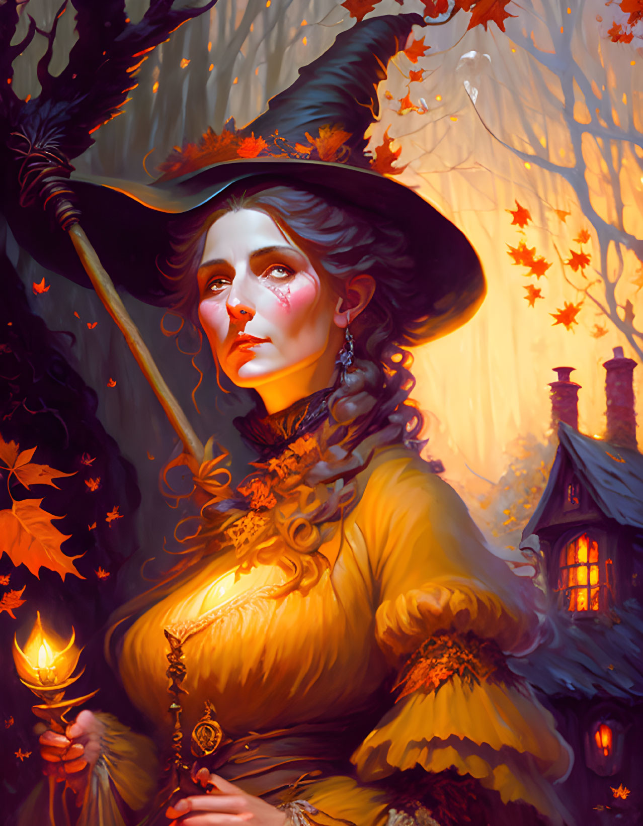 Victorian-style woman in yellow dress with broom and candlestick in front of autumn forest and cottage