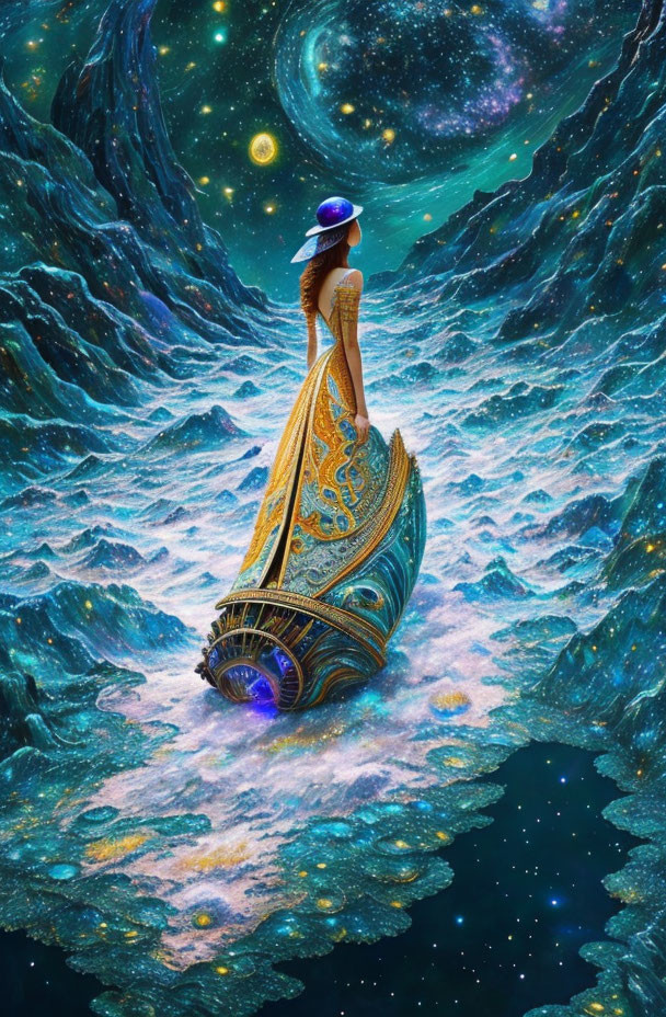 Woman in ship-like dress floating in cosmic ocean with galaxies.