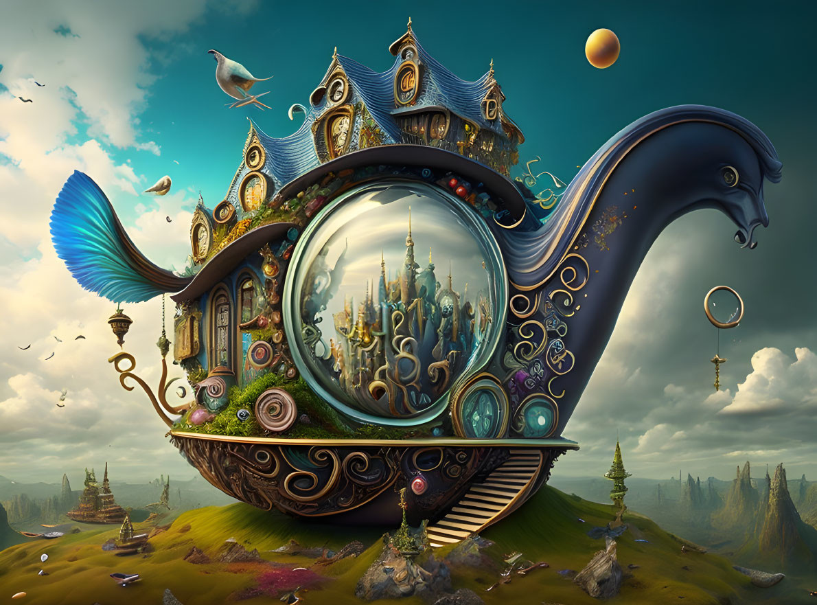 Ornate Snail-Shaped House in Surreal Landscape