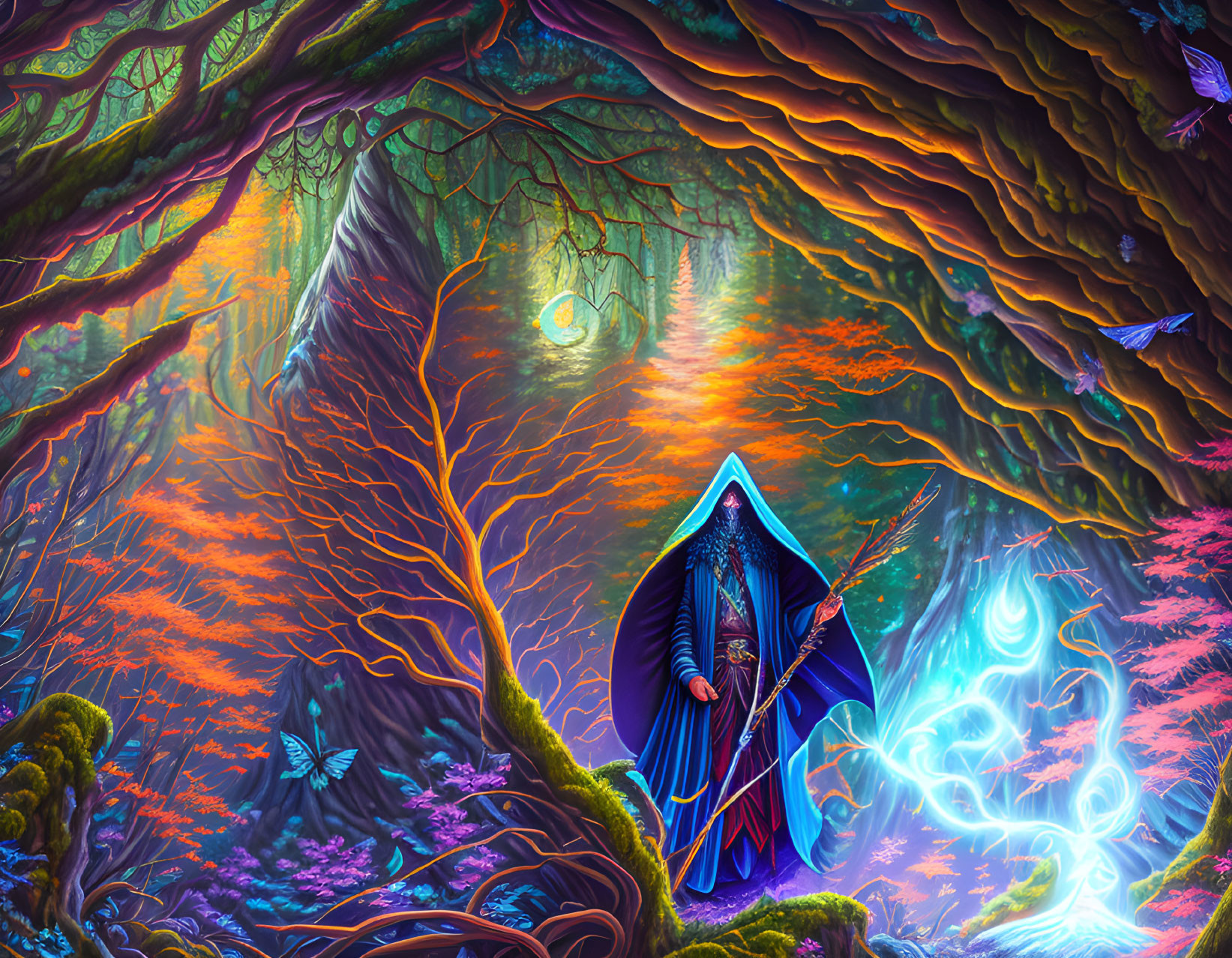 Mystical robed figure with glowing staff in vibrant forest landscape