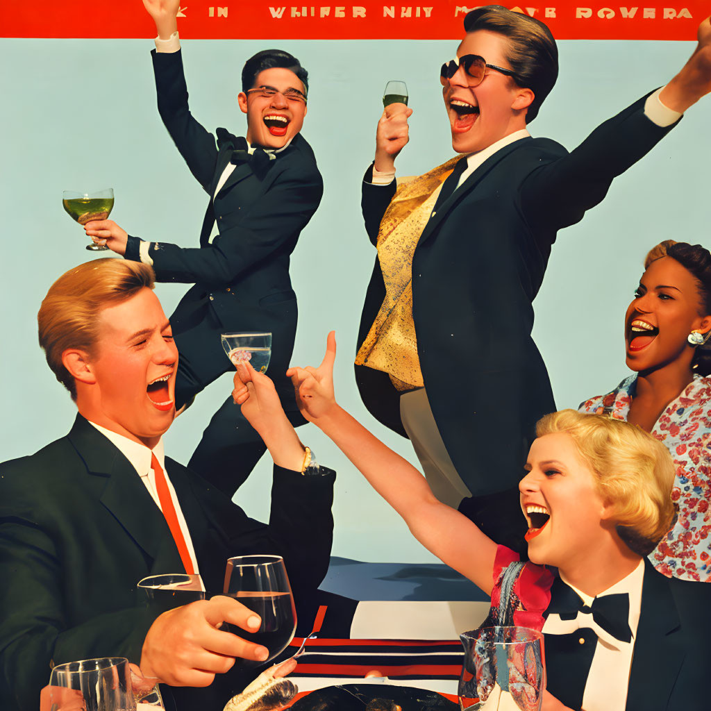 Group of five people celebrating joyously in vintage fashion against red backdrop