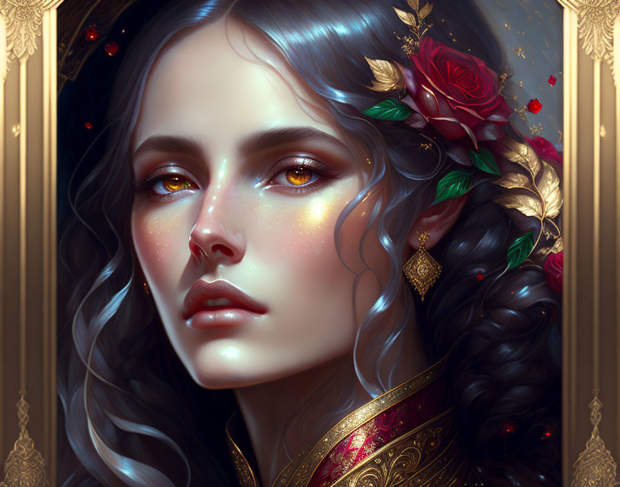 Digital portrait of woman with golden eyes, floral crown, and gold jewelry