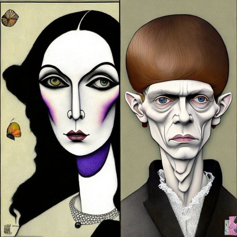 Exaggerated stylized diptych of woman and man in surrealistic style