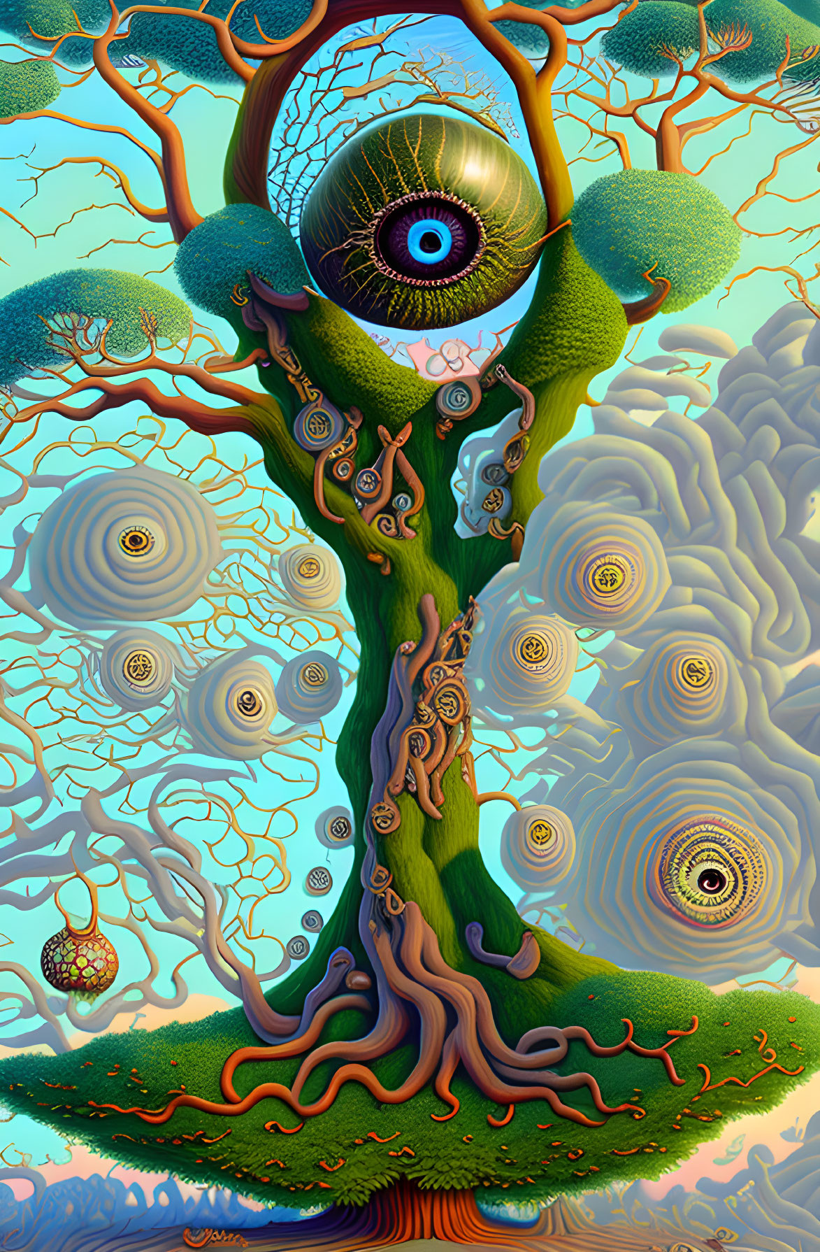 Surreal artwork: Tree with eye trunk, swirling patterns, orbs, whimsical foliage