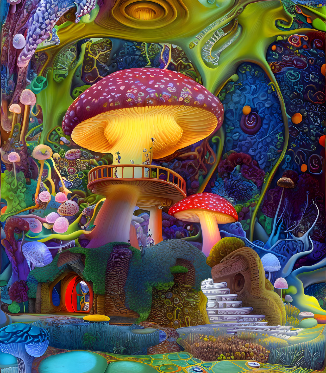 Colorful Psychedelic Image: Oversized Mushrooms & Whimsical Vegetation