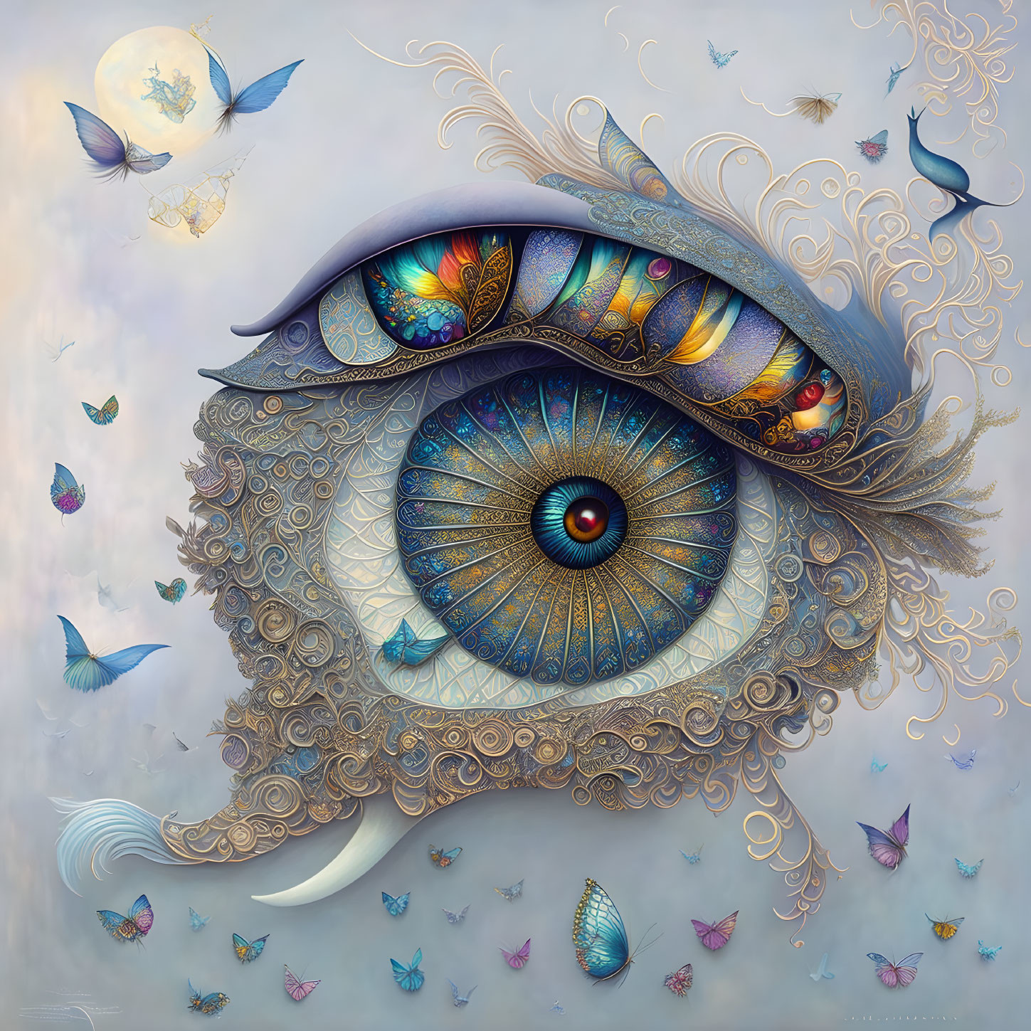 Detailed Surreal Eye Art with Butterflies, Moon, and Orbs