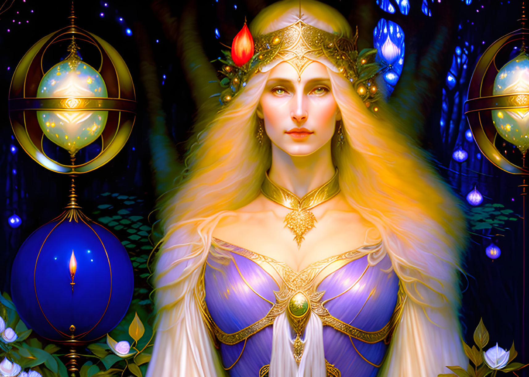 Blonde Woman with Golden Crown in Mystical Forest