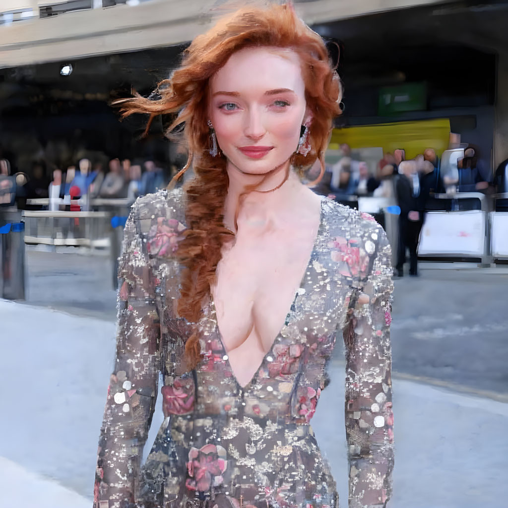 Red-haired woman in floral gown at event with crowd