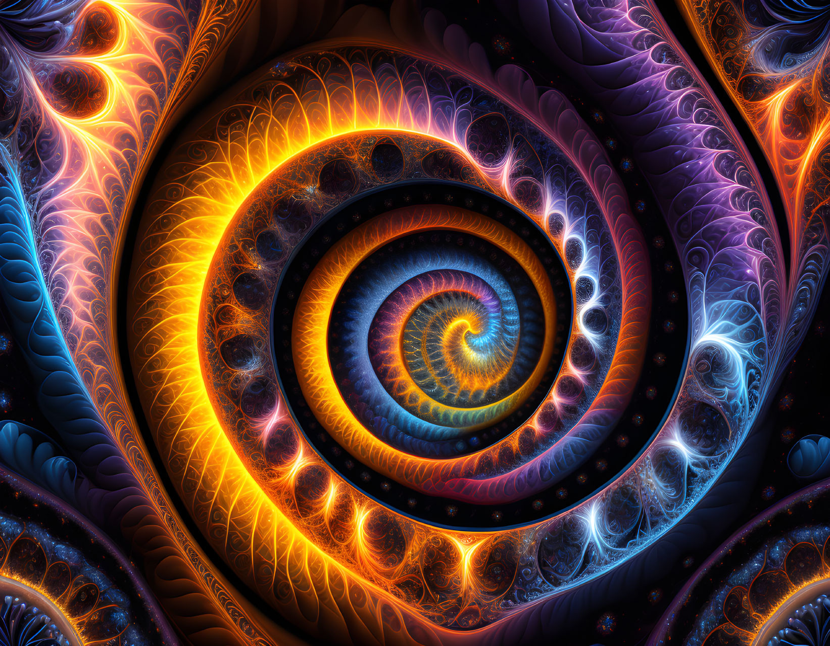 Colorful fractal art with spiraling blues, oranges, and purples