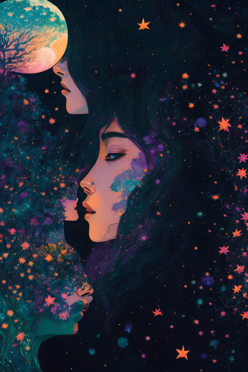 Illustration of two faces in cosmic flora with stars, full moon, teal to purple gradient