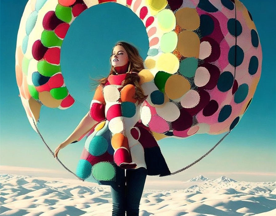 Colorful Polka-Dot Outfit Woman with Large Dotted Ring in Snowy Landscape