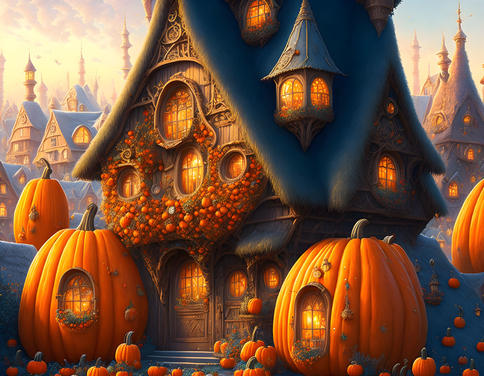 Whimsical autumn cottage illustration in magical twilight village