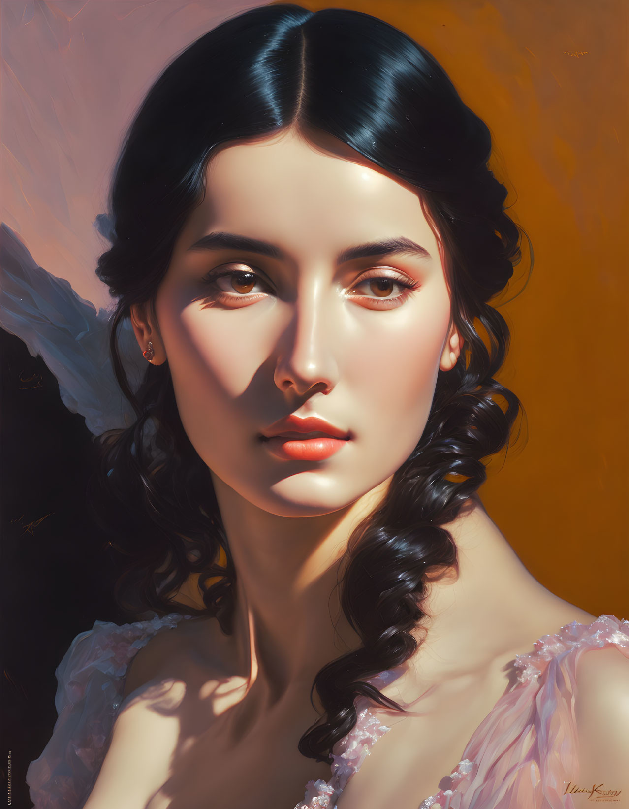 Detailed Portrait of Woman with Dark Hair and Luminous Skin