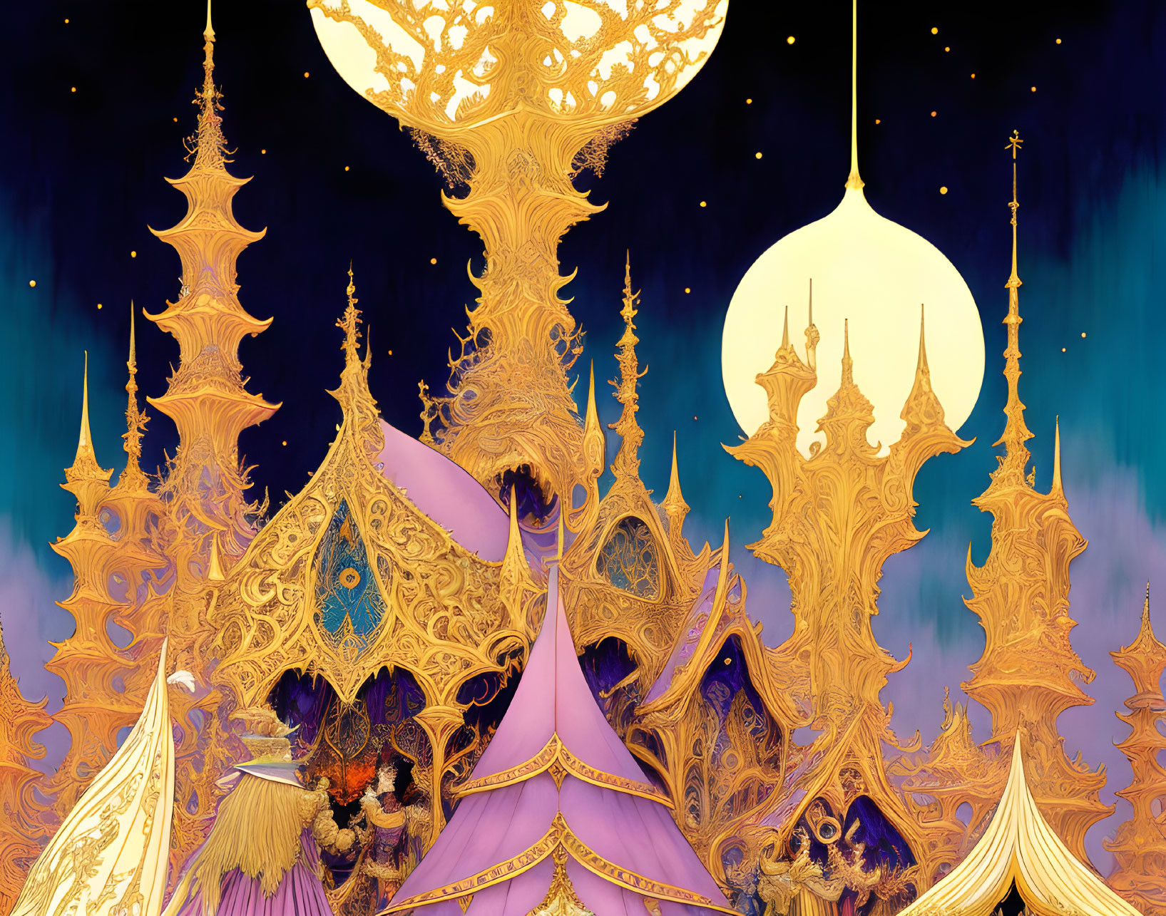 Fantasy Artwork: Golden Spires, Purple Tents, Starry Sky, Moon-like Or