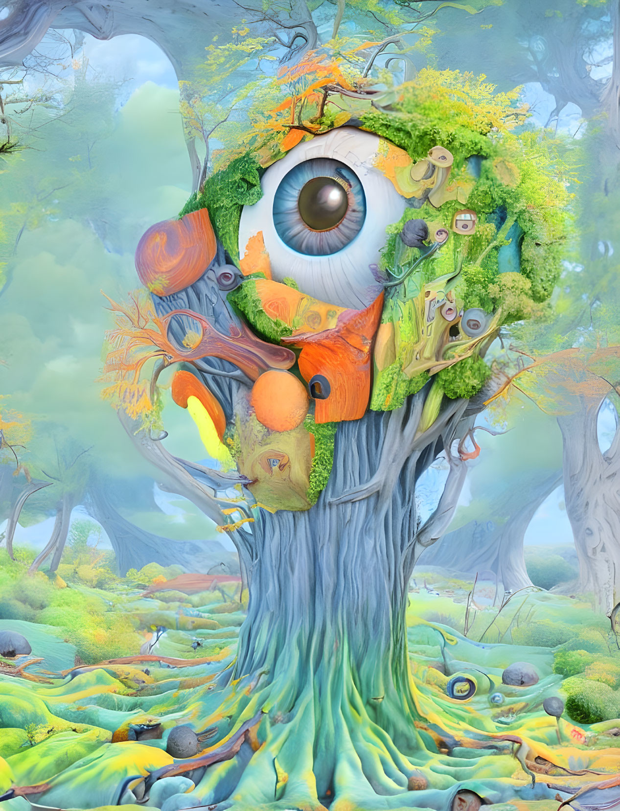 Whimsical tree with central eye, moss, mushrooms, autumn leaves in magical forest