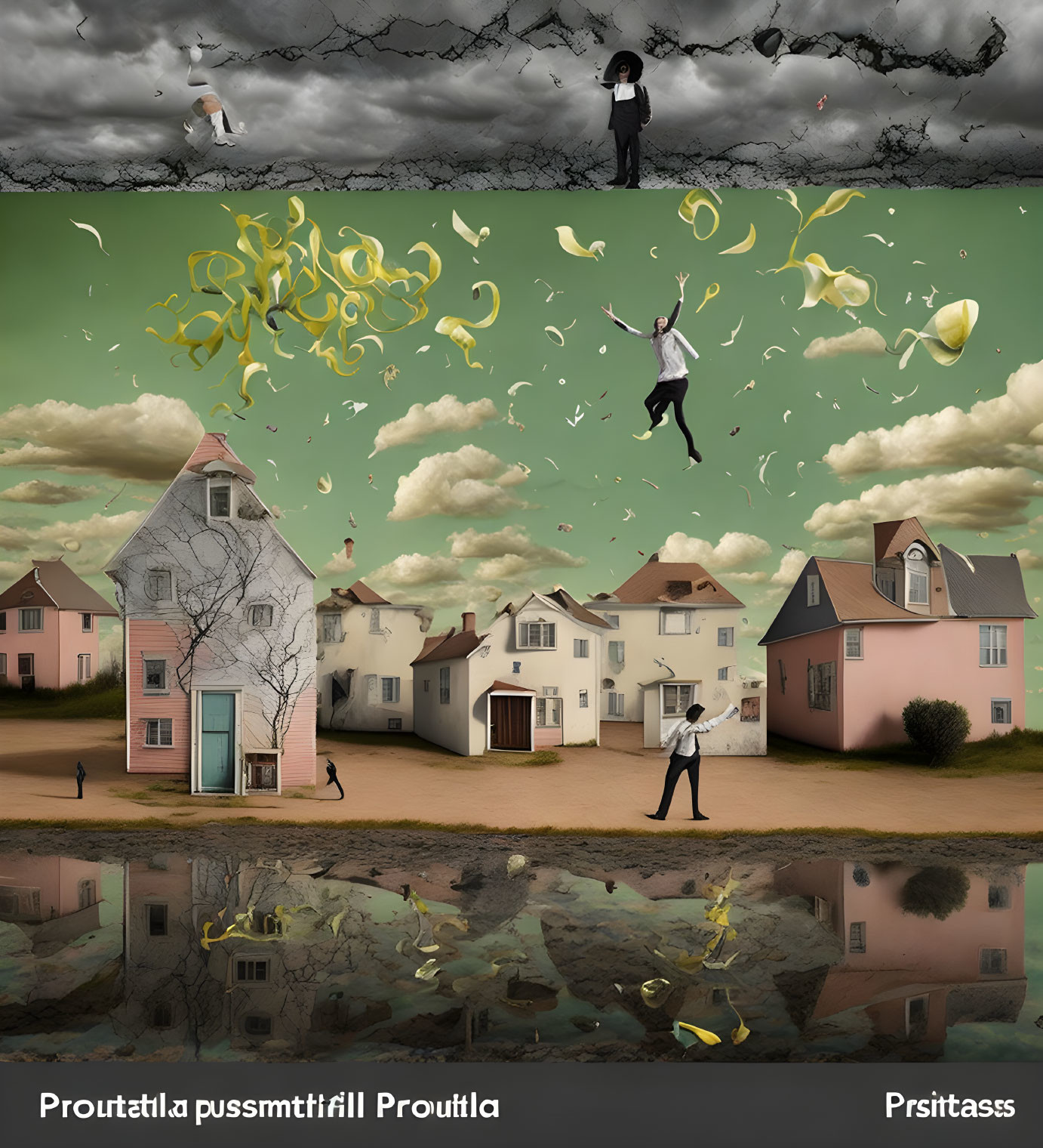 Whimsical floating scene with surreal elements and reflective water