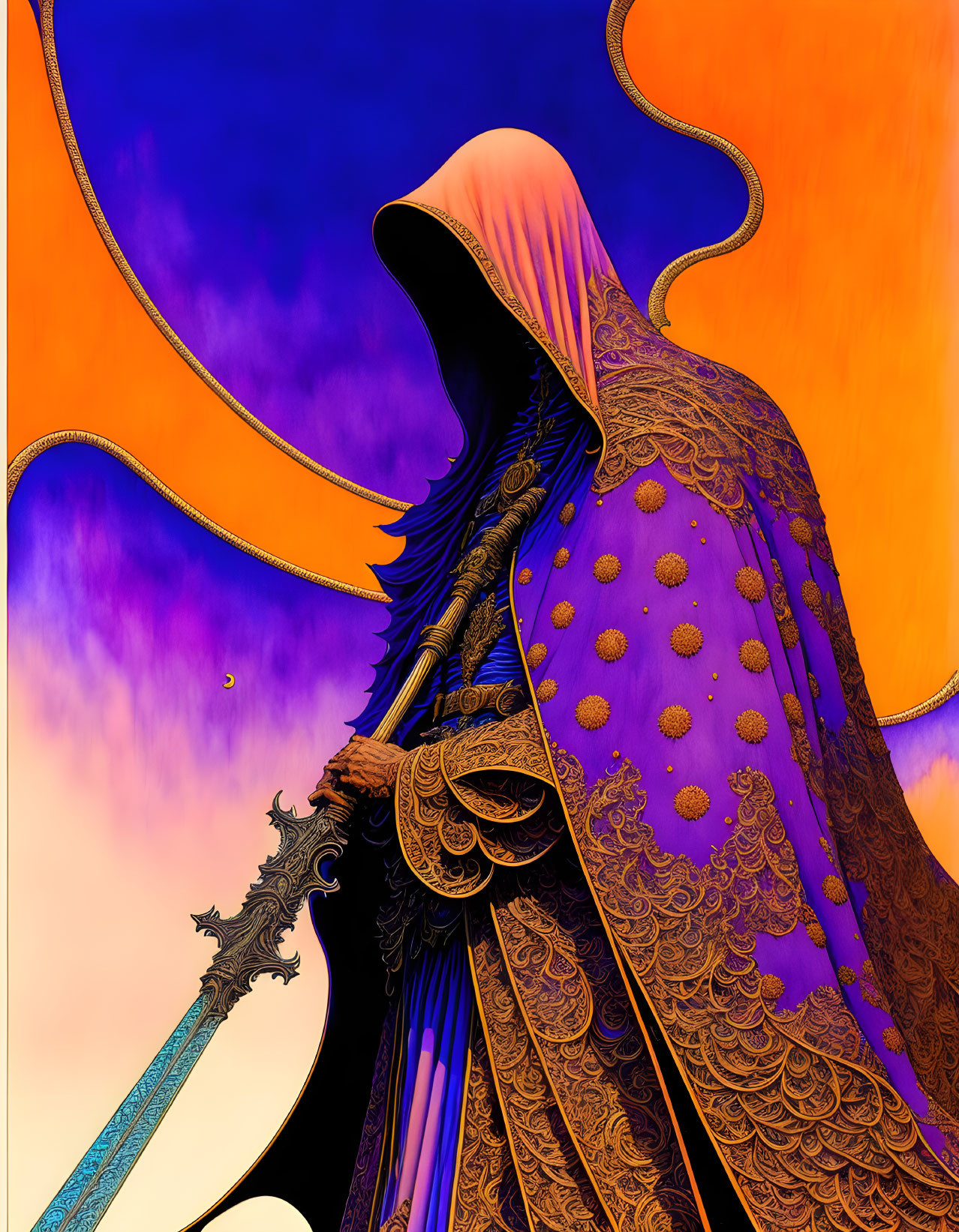 Detailed illustration: Cloaked figure with golden embroidery, antique sword, under orange sky