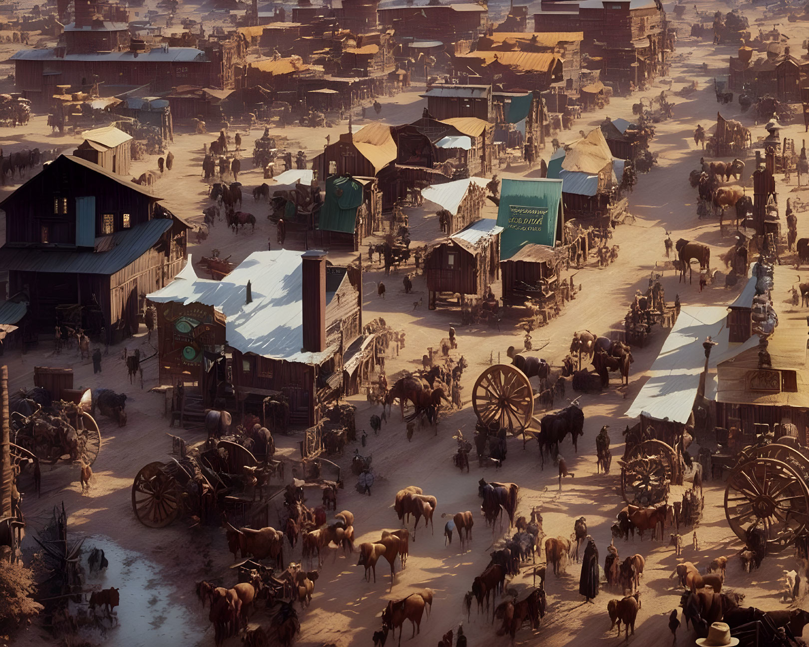 Old Western Town with Wooden Buildings and Horse-Drawn Wagons