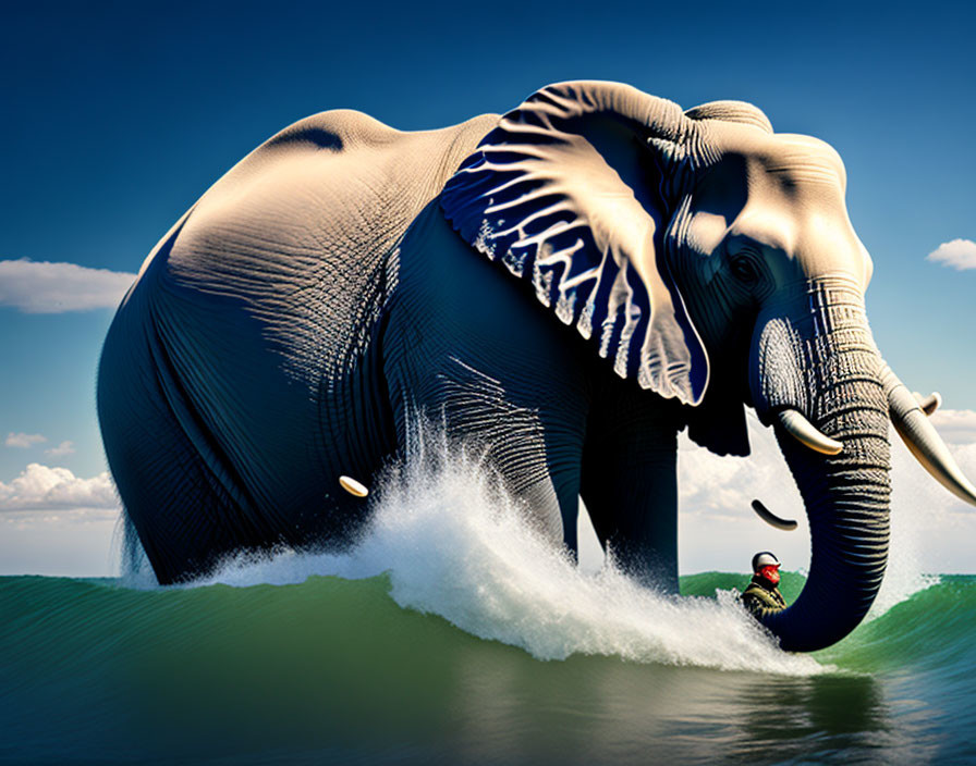 Elephant surfing with small person on wave under blue sky