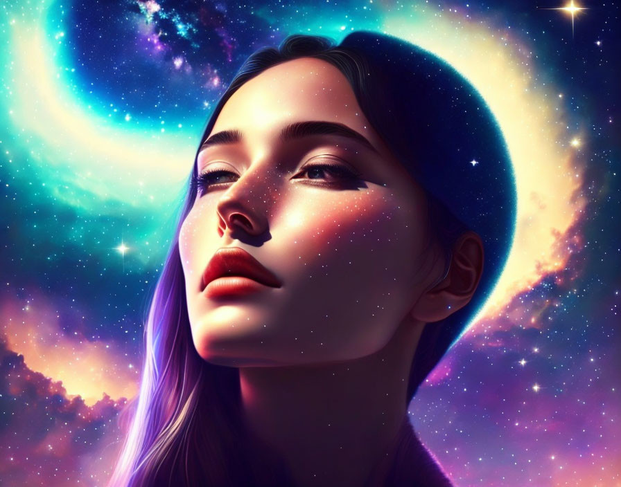 Digital portrait of woman with celestial head silhouette on colorful space backdrop