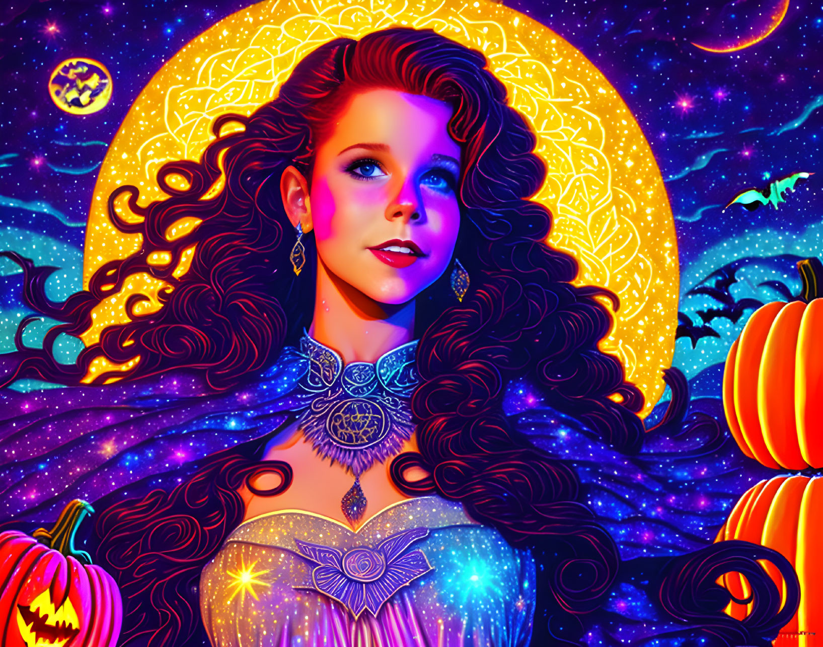 Colorful illustration: Woman with curly hair in cosmic setting with moons, stars, and pumpkins.