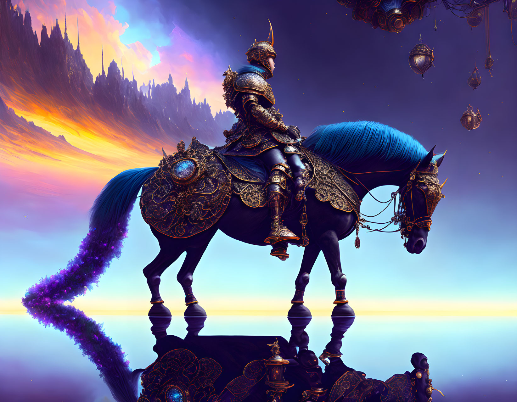 Knight in ornate armor on horse in dreamy fantasy landscape at sunset