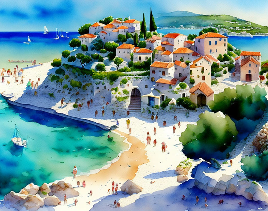 Scenic watercolor painting: coastal village, beach, boats, houses under blue sky