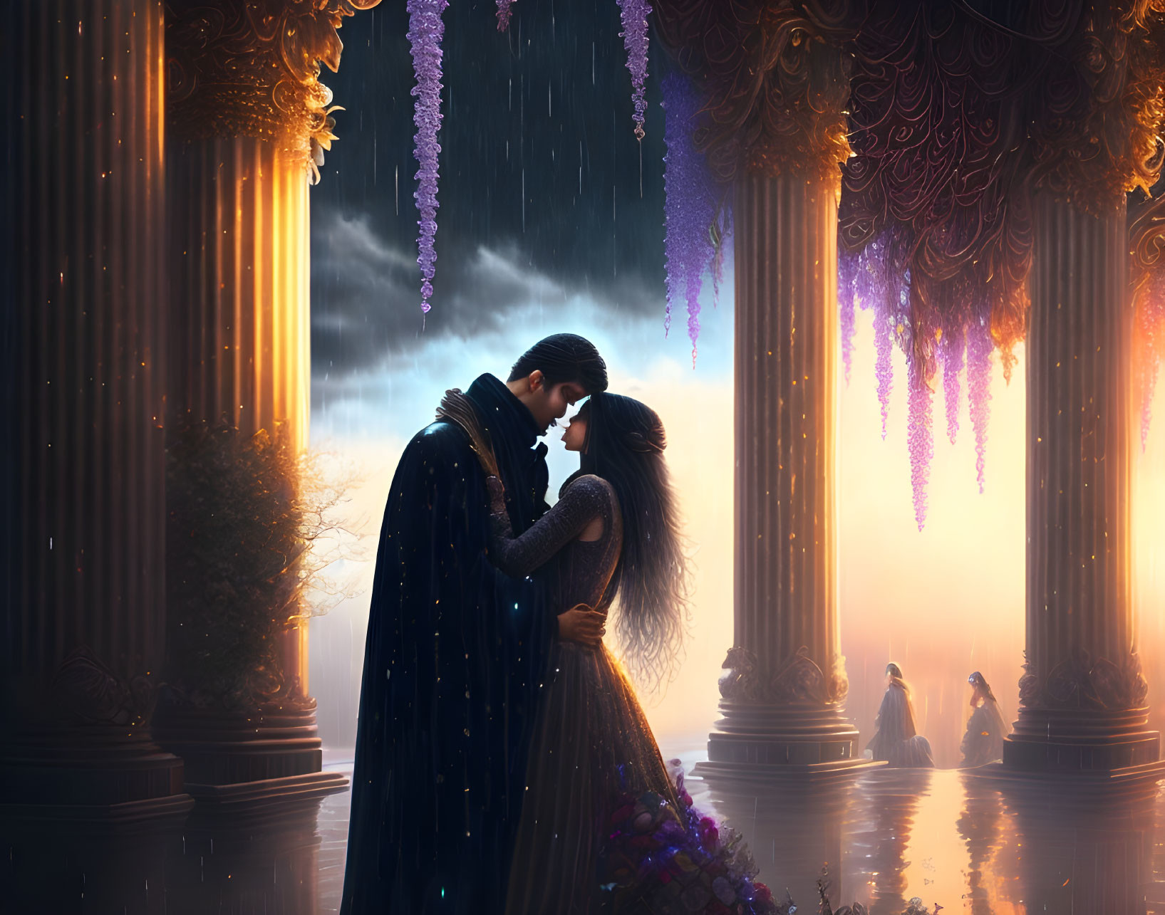 Couple Embracing in Romantic Scene with Ornate Pillars and Purple Florals