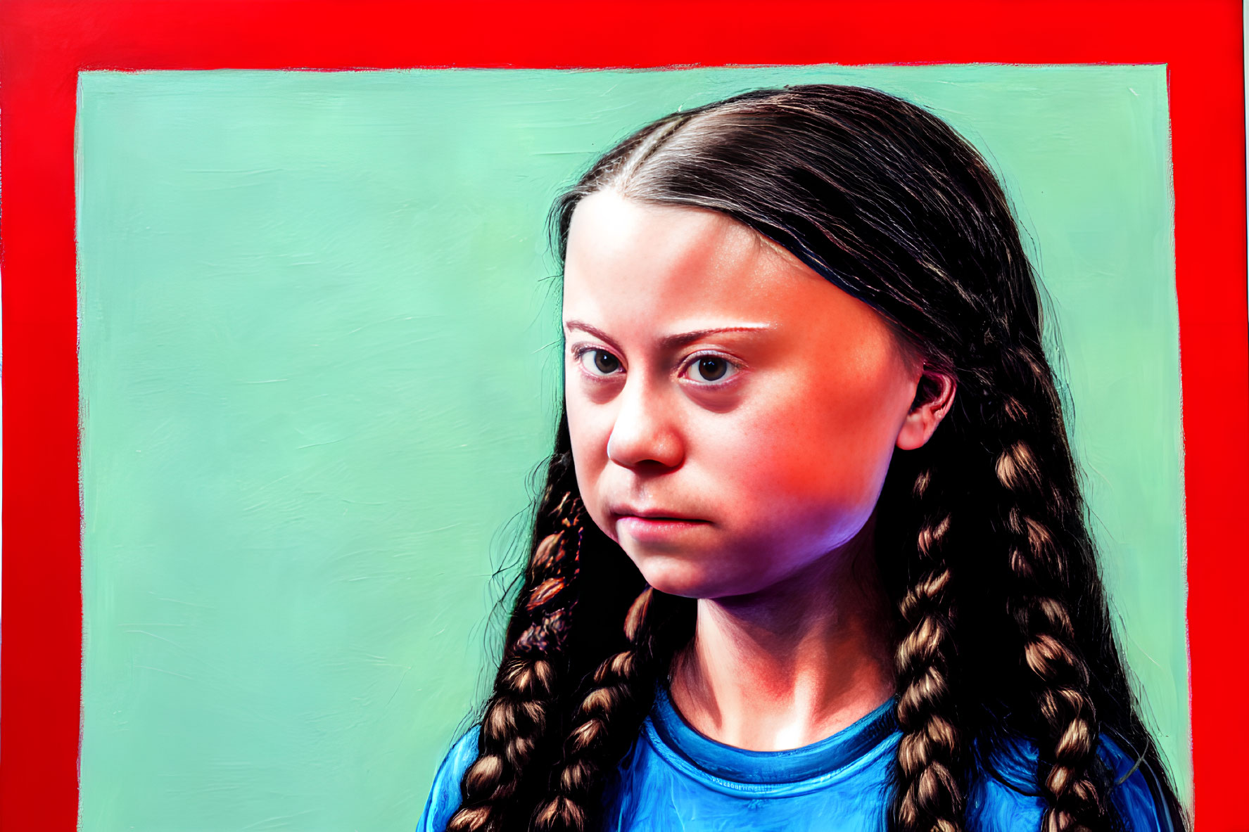 Focused young girl with braided hair on red-framed turquoise backdrop