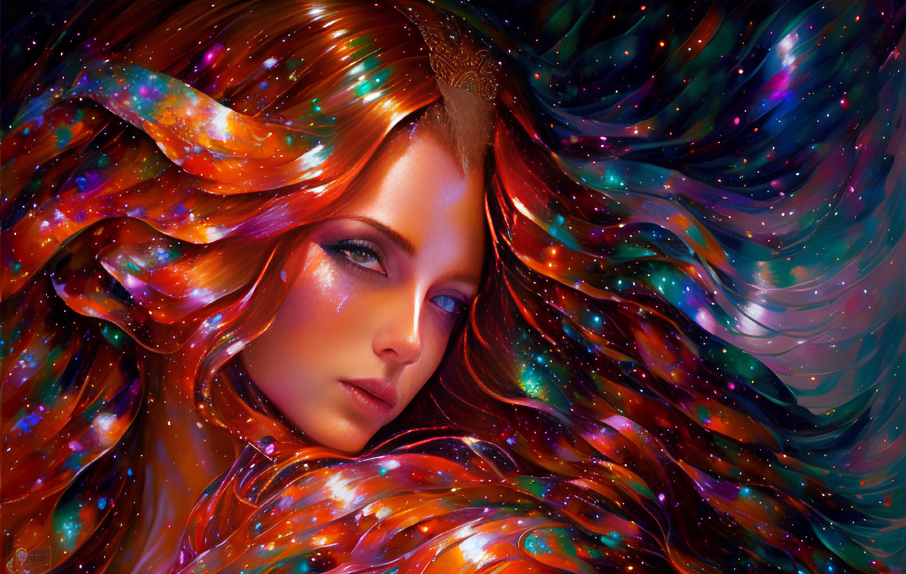 Colorful digital artwork: Woman with flowing cosmic hair on dark background