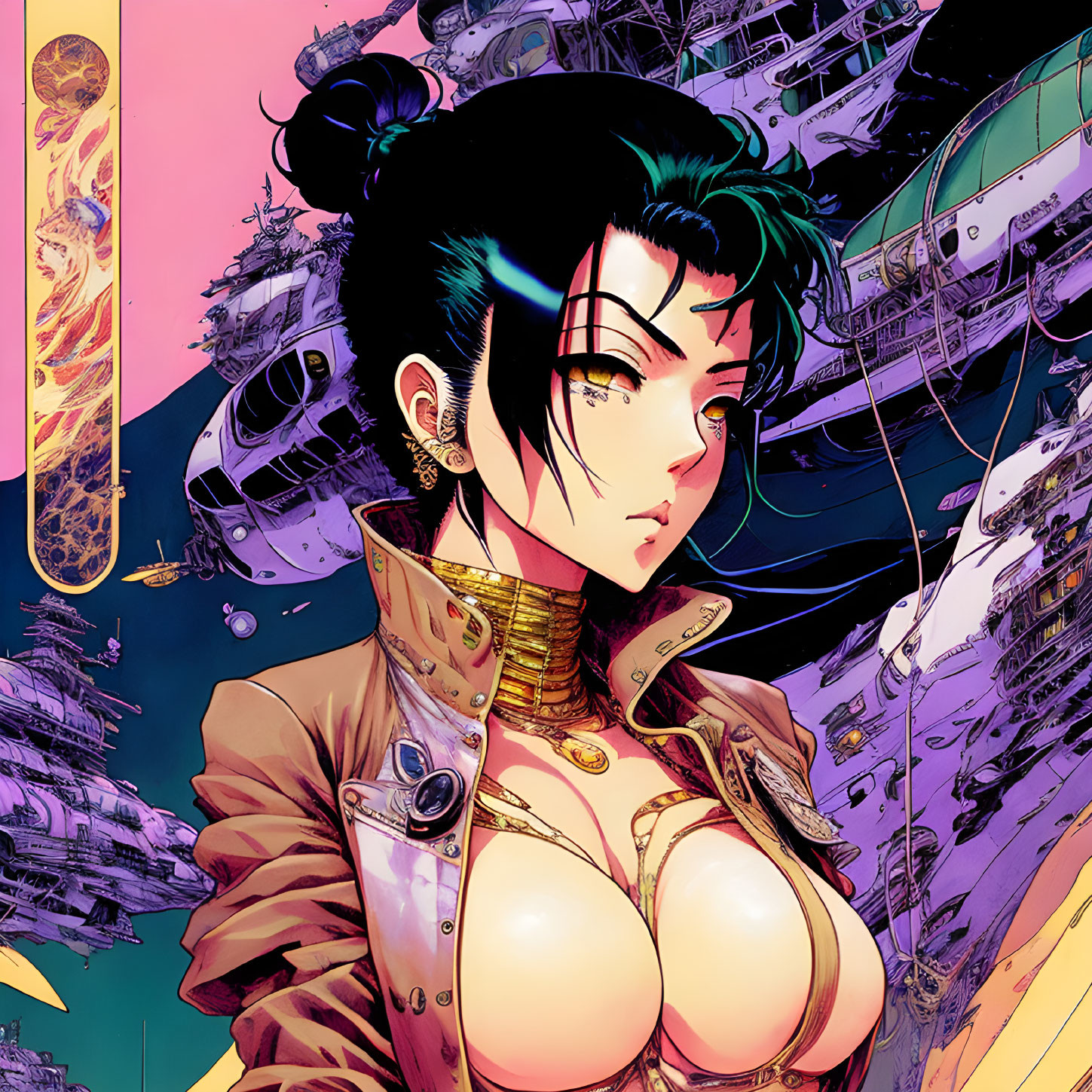 Character with dark hair in buns in high-collared jacket in futuristic cityscape