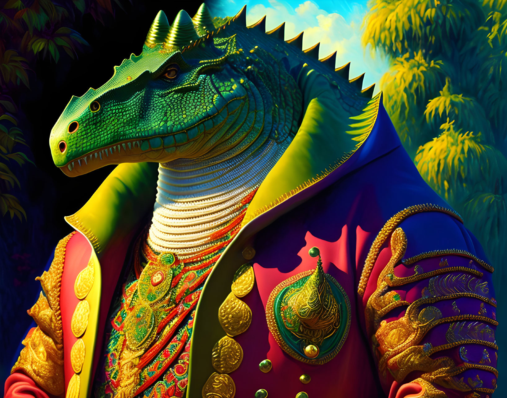 Vibrant anthropomorphic alligator in ornate costume against lush tropical backdrop