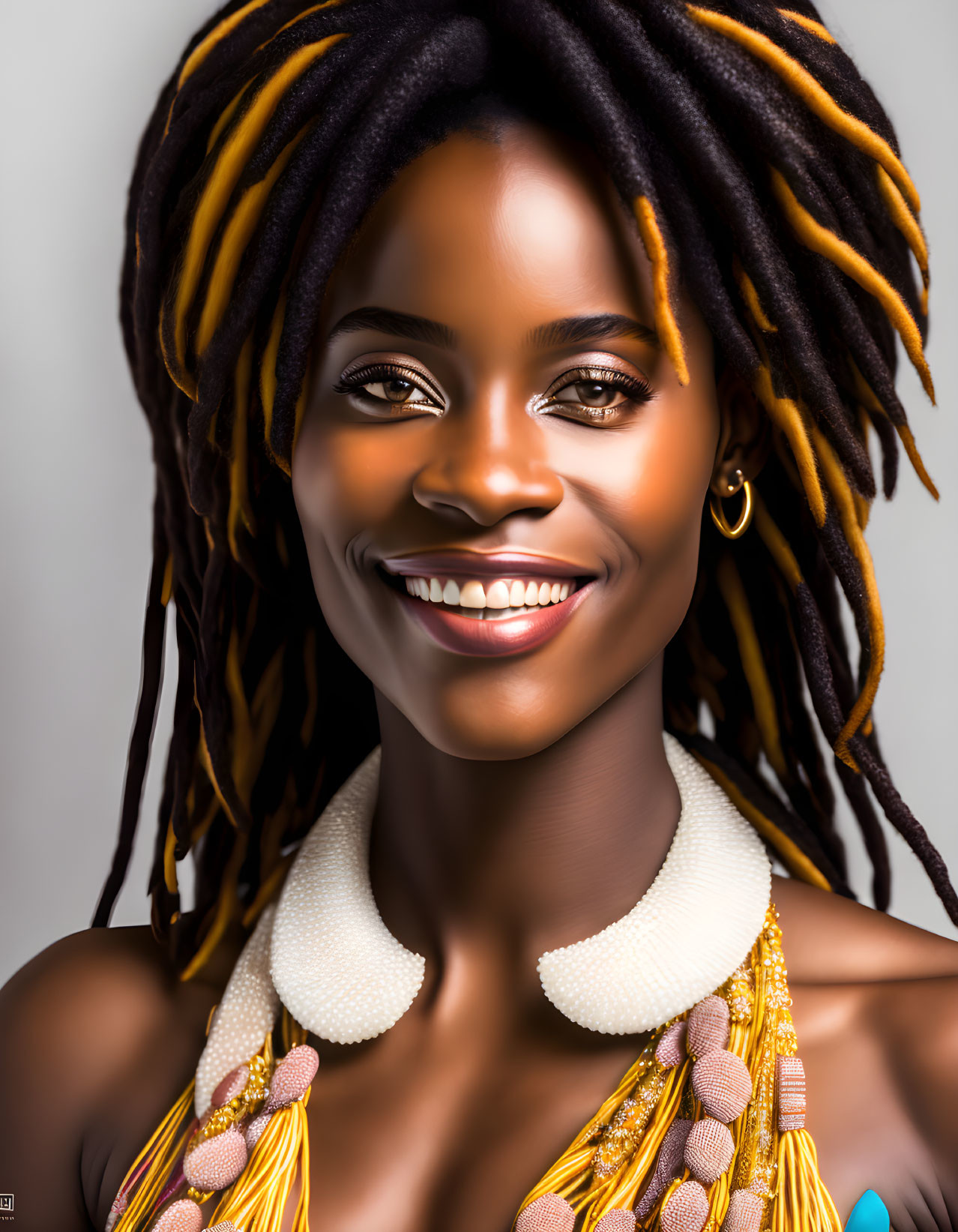 Smiling woman with dreadlocks and white beaded necklace.