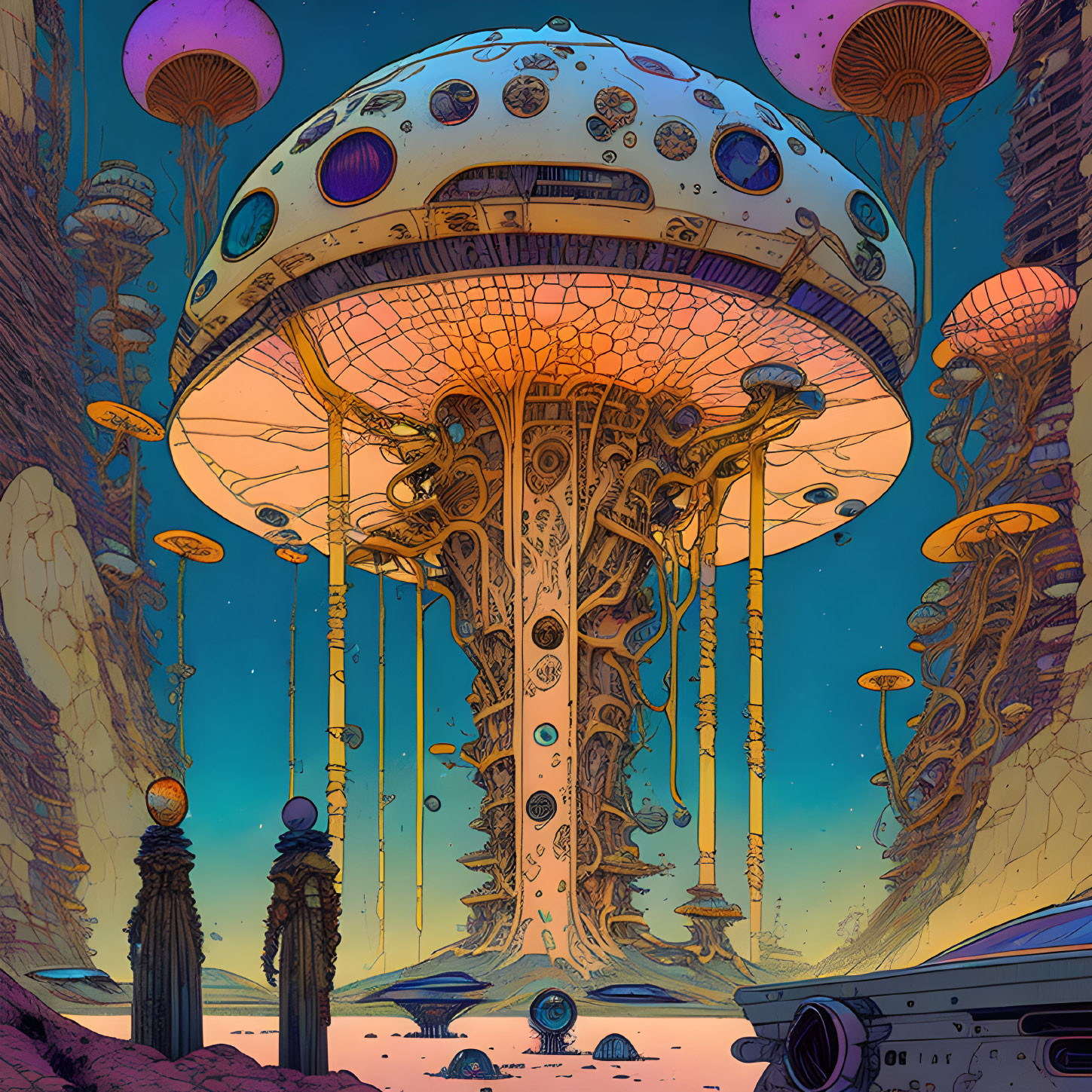 Intricate mushroom-like structure in alien twilight landscape