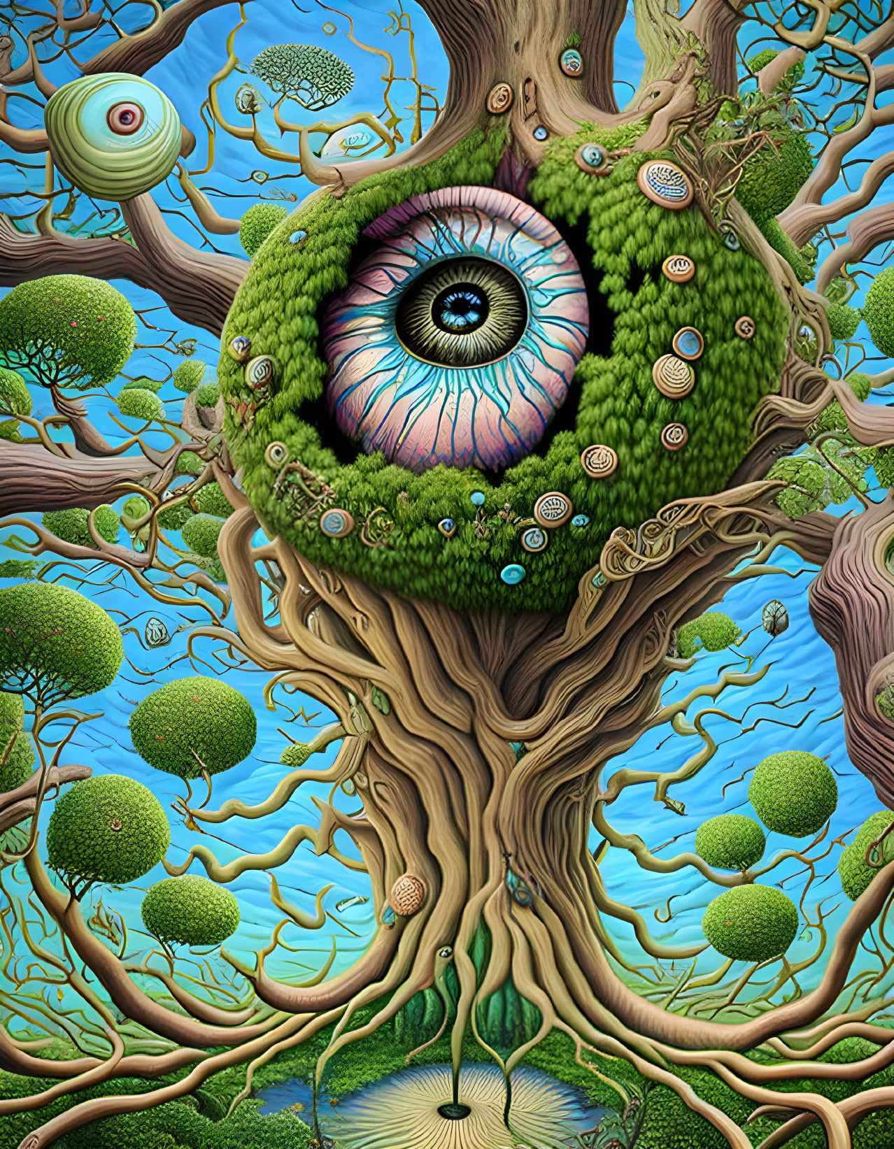 Surreal artwork: Large tree with blue eye, smaller trees, planet, blue sky