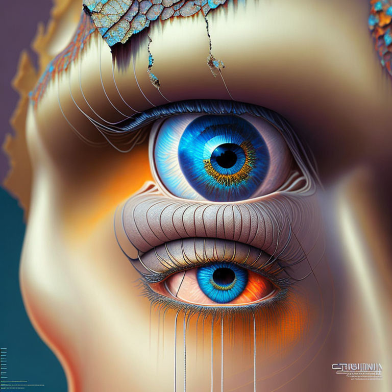 Surreal digital artwork: Vibrant blue eyes with multiple eyelids and melting textures