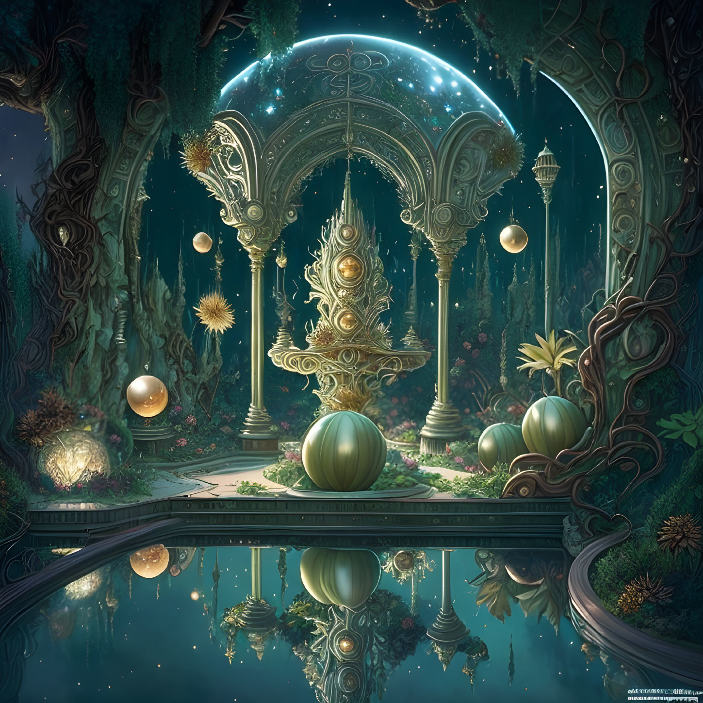 Fantasy garden with golden structures, spherical elements, and celestial dome