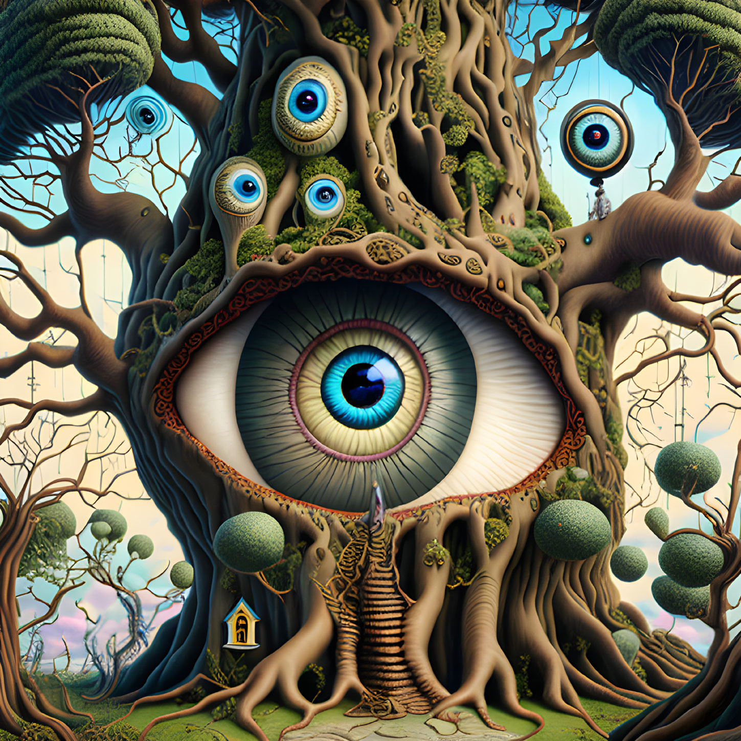 Surreal tree illustration with blue eyes, whimsical elements, and small door