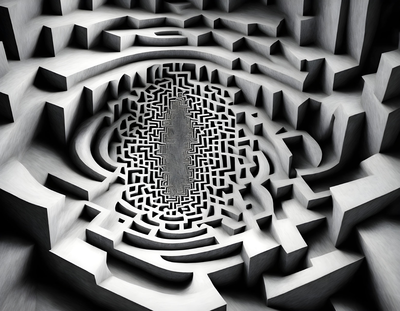 Monochrome labyrinth with concentric patterns