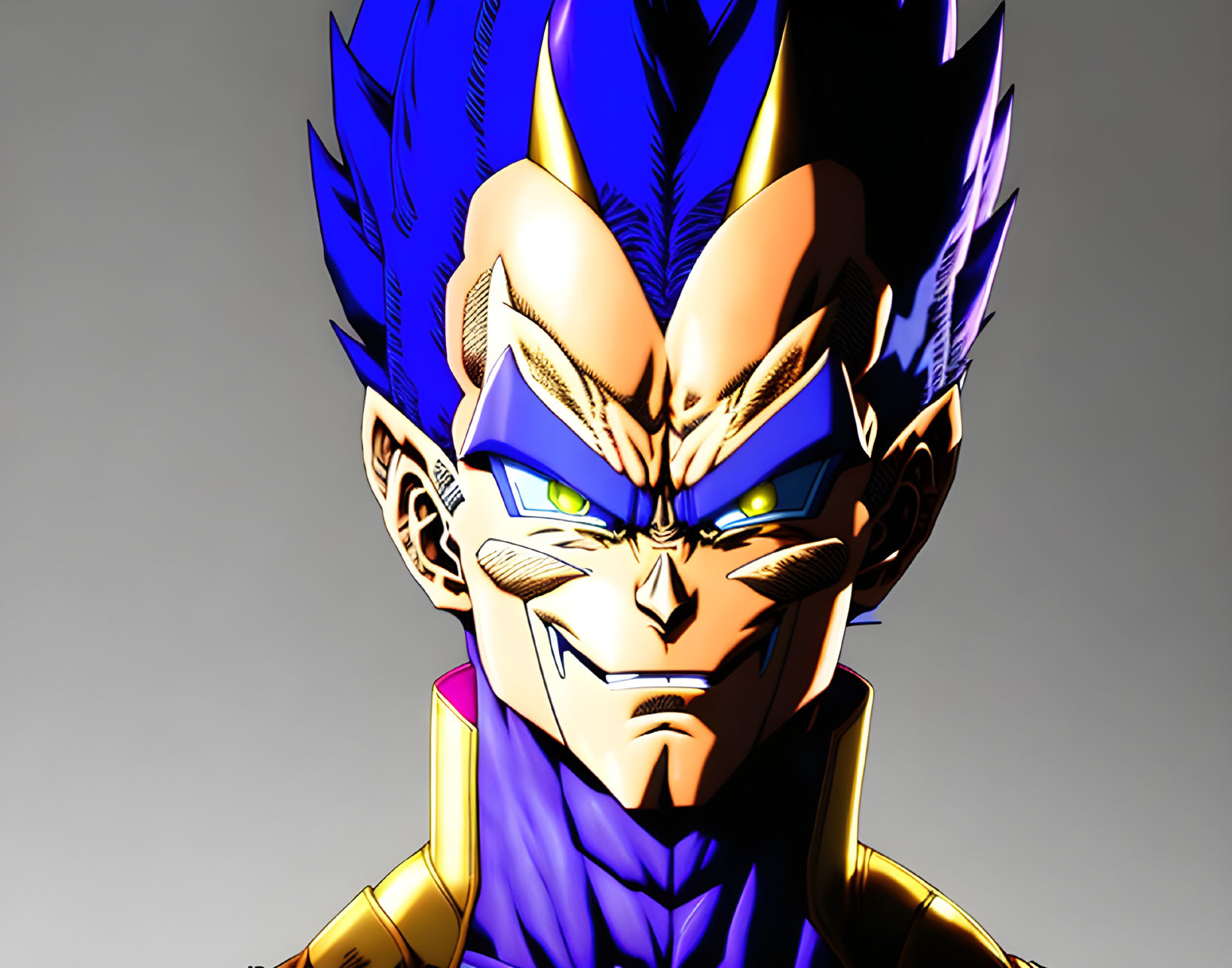 Animated character with spiky blue hair and fierce yellow eyes in purple and gold suit