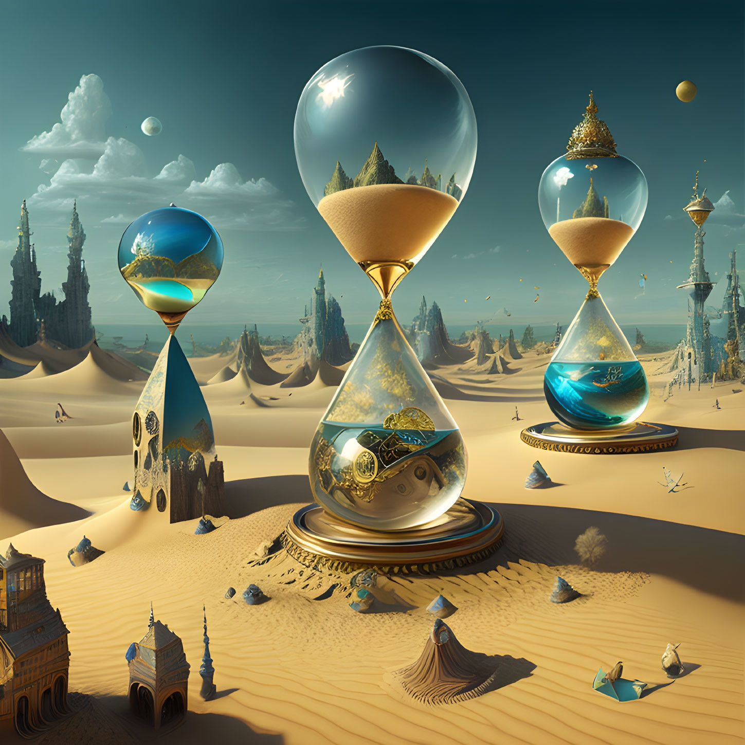 Fantasy landscape with surreal elements: hourglasses, castles, moons