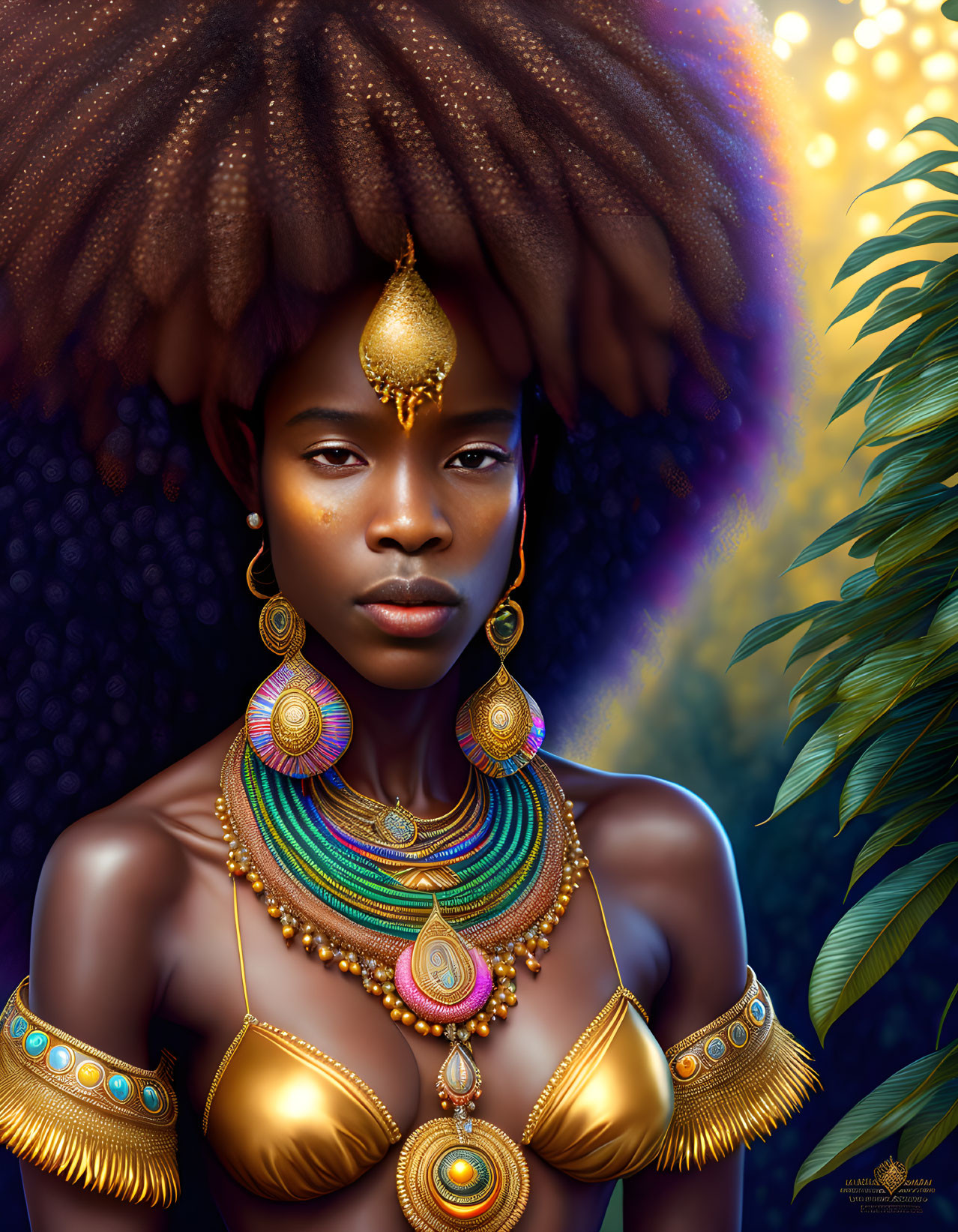 Illustrated portrait of a woman with golden jewelry and textured hairdo in tropical setting