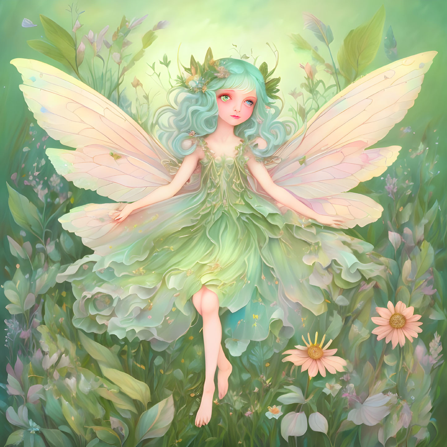 Whimsical fairy illustration with translucent wings and blue hair