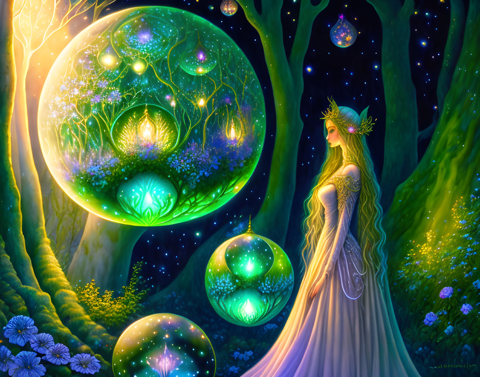 Enchanting forest scene with glowing orbs, woman in gown, luminescent plants