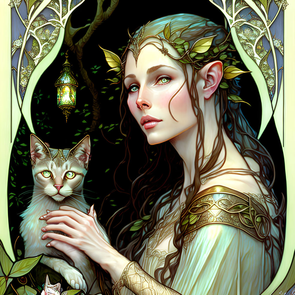 Elven woman with leafy headwear, jewelry, cats, vines, lantern