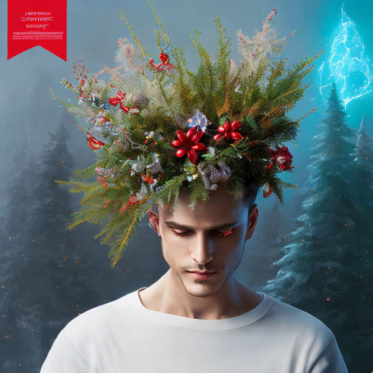 Man wearing Christmas wreath in snowy forest with lightning