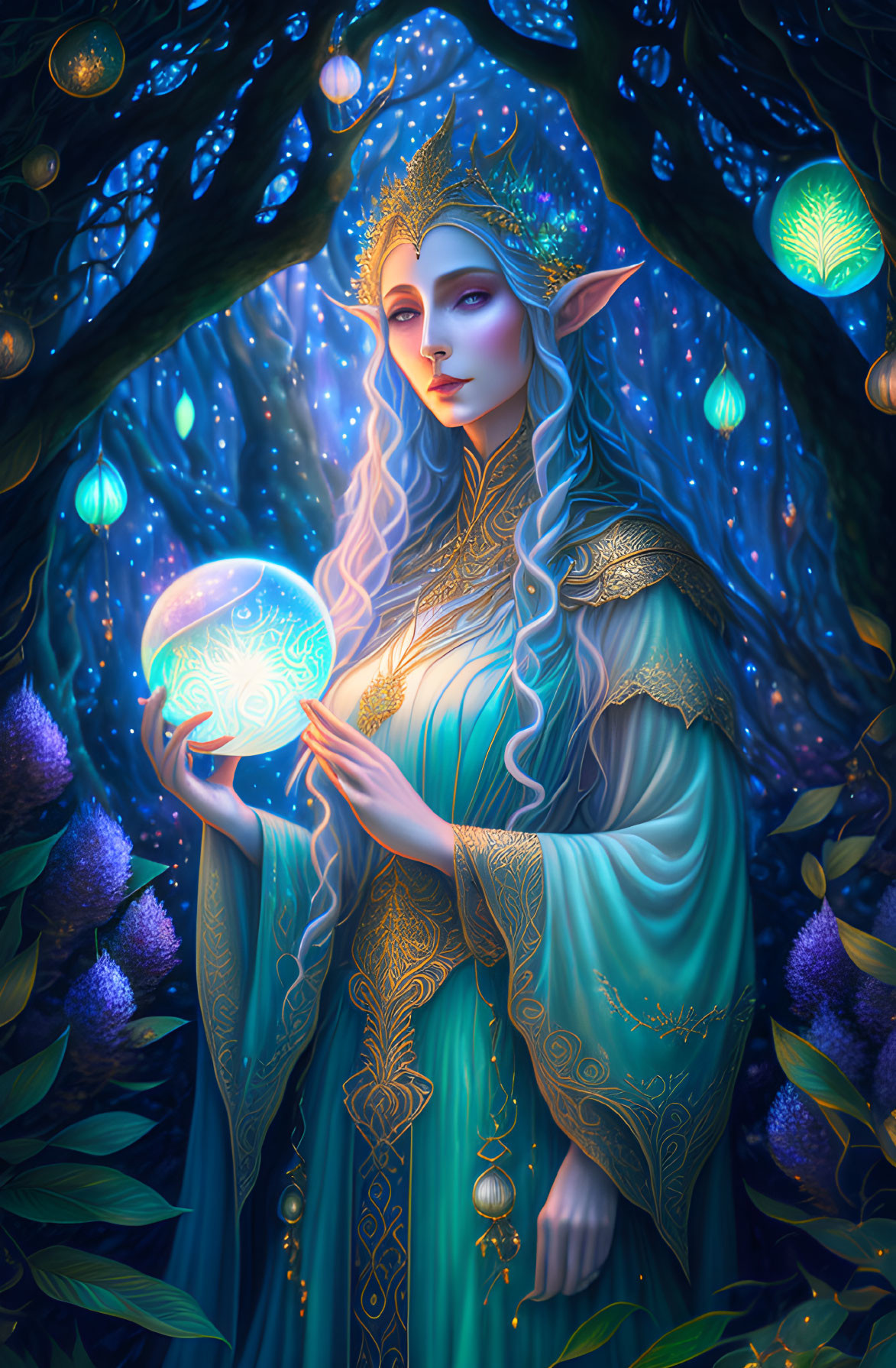 Ethereal elfin figure with glowing orb in enchanted forest