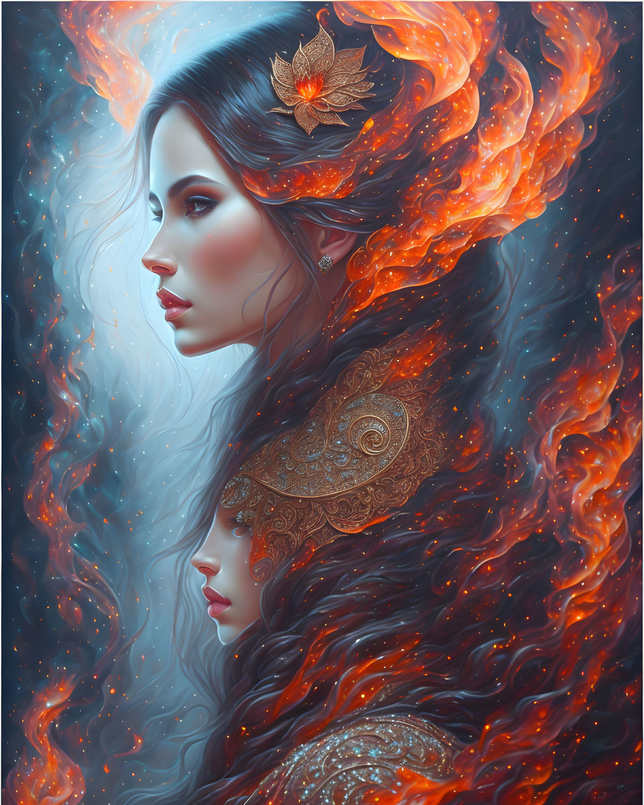 Digital artwork of two female figures with fiery and cool themes and intricate hair accessories.